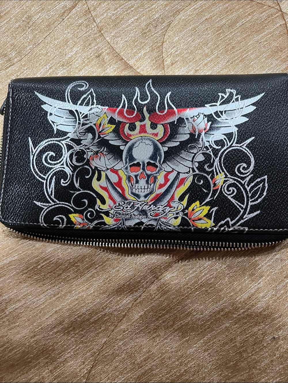 Ed Hardy Black Zip-Around Wallet with Multicolor Tattoo Skull Graphic